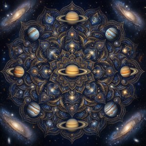 對稱的宇宙曼陀羅，以土星和其他行星為特色，背景是繁星點點的星系。 — Pixel Watch 3 壁紙