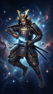 身穿太空盔甲的武士，在繁星點點的星雲前手持發光的劍。 — 武士動畫 壁紙