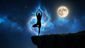 一個人在月亮和宇宙星雲下的懸崖上練習瑜伽。 — 靈性動圖 壁紙