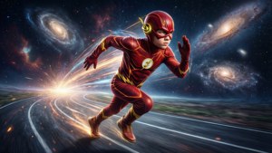 超級英雄 Flash 在太空中高速奔跑，背後有星系。 — 閃電小子 壁紙