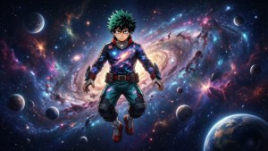 動漫角色漂浮在色彩繽紛的太空，周圍有行星和星系。 — 綠谷出久 壁紙
