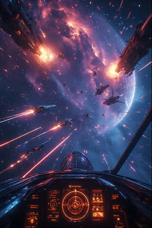 宇宙飛船駕駛艙在太空戰鬥中，有激光和星雲 — iPhone 4 壁紙