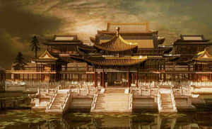 宏偉的宮殿建築群，金色屋頂和石橋橫跨水面，天空多雲。 — 中國 壁紙