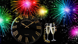 夜晚彩色煙火下的時鐘和香檳杯。 — 新年 壁紙