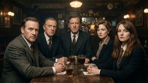 五位穿著正式的人坐在酒吧吧檯旁，手持飲品 — Peaky Blinders 壁紙