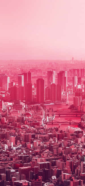 粉紅色調的城市天際線，高樓大廈和橋樑在朦朧的天空下。 — iPhone Air 壁紙