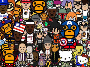 色彩繽紛的chibi風格流行文化圖標和名人拼貼。 — BAPE 標誌 壁紙