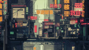 霓虹燈照亮賽博龐克城市，日語和英語招牌在夜間閃爍。 — 日式審美桌面 壁紙