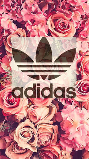 Adidas標誌疊加在粉紅玫瑰和繡球花背景上。 — 愛迪達 GIF 壁紙