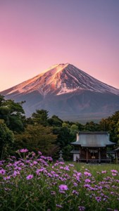 富士山上粉紅色的日出，前景有神社和紫色花朵 — 日式自然壁紙