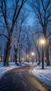 黃昏時分白雪覆蓋的公園小徑，霜凍的樹木和發光的街燈。 — 黃昏 壁紙