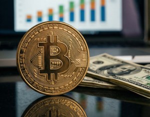 金色比特幣在桌子上與美國現金相鄰，螢幕上顯示金融數據。 — 比特幣 GIF 壁紙