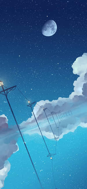 夜空有月亮星星雲朵和街燈 — 月光 壁紙