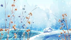 白雪覆蓋的山坡上，有一間小屋和冬天的乾燥薊草植物。 — 明亮 壁紙