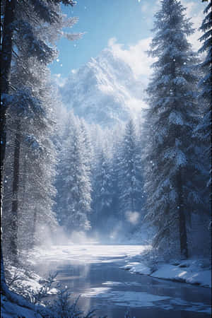 白雪覆蓋的松樹排列在一條結冰的河流兩旁，河流在晴朗的藍天下流向一座雪山。 — iPhone 4 壁紙