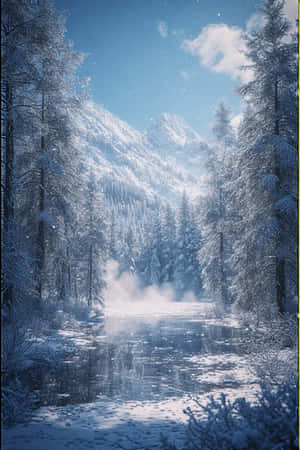 白雪覆蓋的松樹排列在一條霧氣瀰漫的河流兩旁，流向遠方的山脈，天空清澈湛藍。 — iPhone 4 壁紙