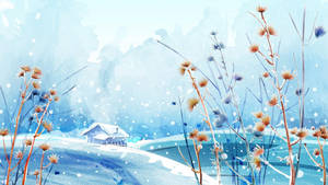 白雪皚皚的冬日風景，前景有小屋和高大的乾燥花朵。 — 冬季房屋 壁紙