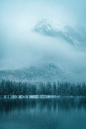 積雪的山巒和森林倒映在霧氣籠罩的天空下平靜的冬日湖面上。 — 寒冷 壁紙