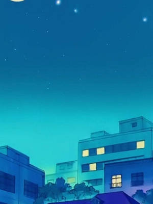 動漫風格的城市建築在夜晚，發光的窗戶在星空下。 — 城市燈光 壁紙