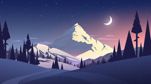 新月和星空下白雪覆蓋的山景，伴有松樹。 — 插畫 壁紙