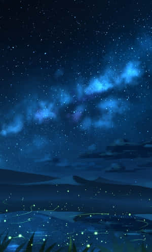 星空和發光的螢火蟲在湖面和山脈之上。 — 星空動畫 壁紙