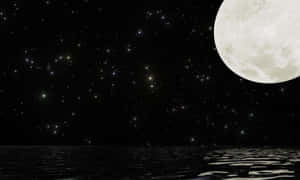 夜晚平靜水面上倒映的滿月和星星。 — 黑夜 壁紙