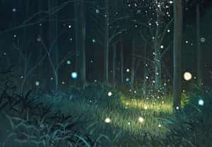 螢火蟲在黑暗的森林中夜間在高大的樹木和草叢中發光。 — 動畫風景動圖 壁紙