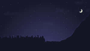 城市天際線與山巒，在繁星點點的夜空下，伴著一彎新月。 — 夜空 壁紙