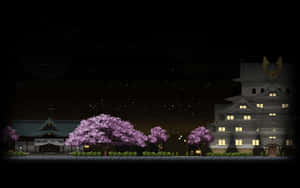 夜晚在星空下點亮的櫻花樹和傳統日本建築。 — 櫻花 壁紙