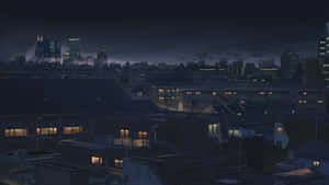 夜景城市景觀，閃爍的窗戶和遠處的摩天大樓在黑暗的天空下。 — 藍色美學電腦 壁紙