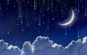 深藍色夜空中，蓬鬆雲朵上的新月和流星。 — 月光 壁紙