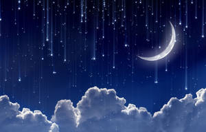 深藍色夜空中，蓬鬆雲朵上方的新月和流星。 — 高畫質月亮 壁紙