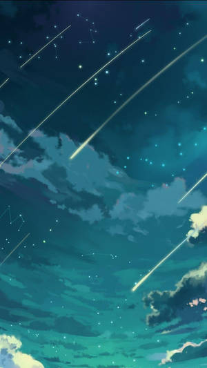 流星劃過夢幻般的夜空，伴隨著閃爍的星座和柔軟的雲朵。 — iPhone Se 壁紙