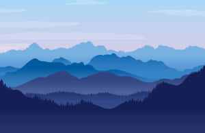 暮色中的藍色山脈，森林剪影與平靜的水面。 — 山景 壁紙