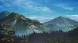 藍天下森林和薄霧的寧靜山景。 — 鬼滅之刃 壁紙