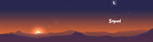 日落時分的山脈，暮色天空中有一彎新月和流星。 — 3840x1080 壁紙