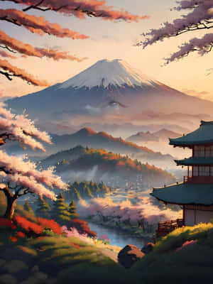 傳統日本 pagoda 俯瞰河谷，日出時分有富士山和櫻花。 — 極高畫質 壁紙