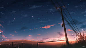 暮色天空 星星 粉紅雲朵 電線 橋樑 剪影 — 美麗的動畫 壁紙