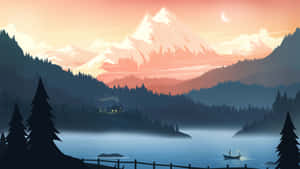漁夫在黃昏時分在霧氣瀰漫的湖上划船，背景有山脈和小屋。 — 山脈 壁紙