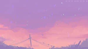 暮色中，一隻鳥飛過電線，天空呈現粉紅和紫色。 — 淺粉色調 壁紙