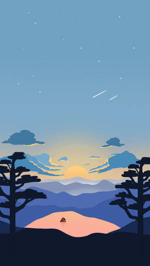 剪影樹木框住寧靜的湖面和小船，夕陽在星空下落在遠山之後。