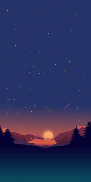 暮色山巒，在平靜的數位藝術場景中點綴著星星和流星。 — iPhone 13 Mini 壁紙