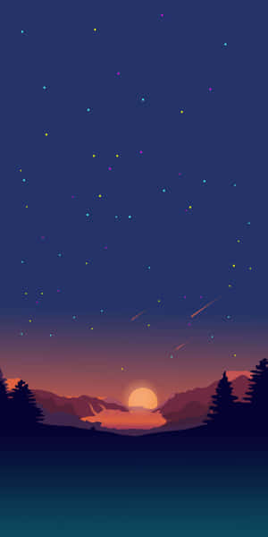 暮色景觀，山脈、松樹和流星在星空下 — Pixel 3 壁紙