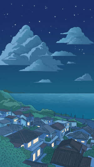 沿海村莊夜景，星空下窗戶閃爍著光芒。 — 動漫風景美圖 壁紙
