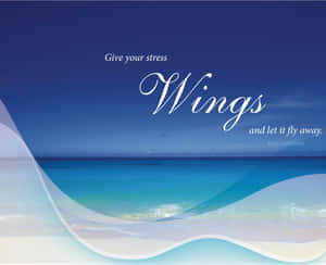 寧靜的海灘，碧綠的海水和白色文字，寫著「Give your stress Wings and let it fly away。」 — 動力 壁紙