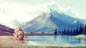 一隻鹿站在湖邊，背景是山脈，天空柔和。 — 山景 壁紙