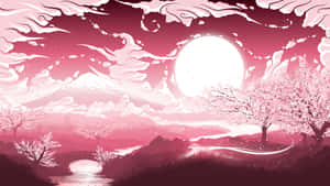 夜晚發光的月亮下的粉紅色櫻花樹和石橋。 — 日本櫻花 壁紙