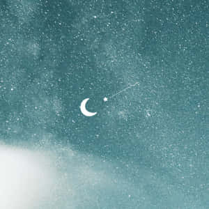 藍綠色星空中的新月和流星。 — 高畫質月亮 壁紙