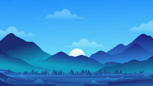藍色山脈，太陽從山峰後升起，前景有松樹。 — 7680x4320 壁紙