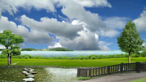 石徑穿過溪流通往綠色田野和湖泊，天空多雲 — 湖泊 壁紙